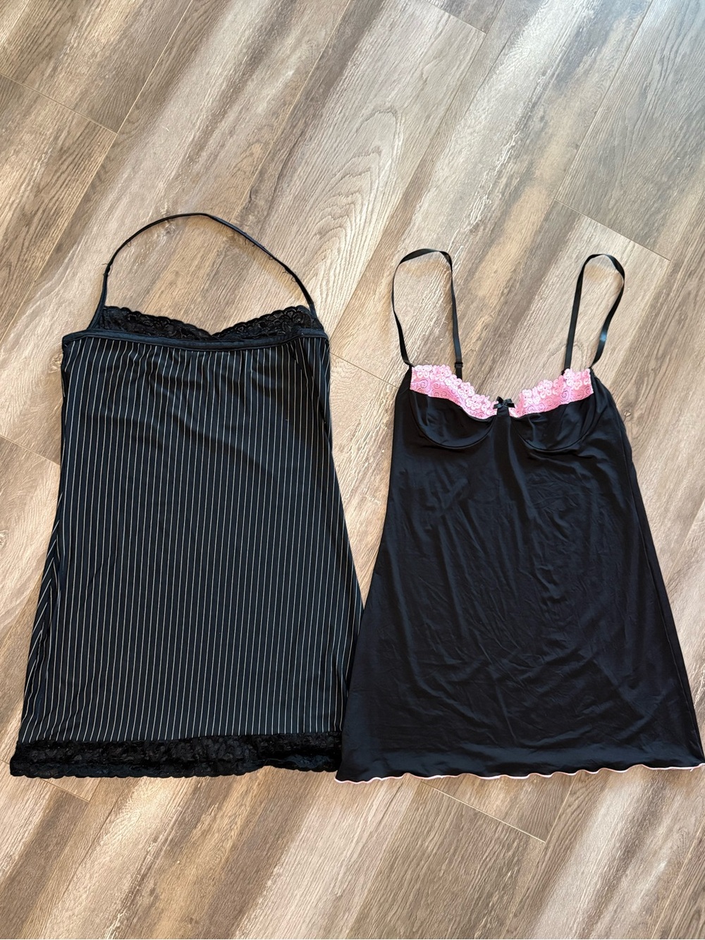Lot of 2- Women's Black Pinstripe & Pink Lace Trim Chemise Nightdress/Lingerie